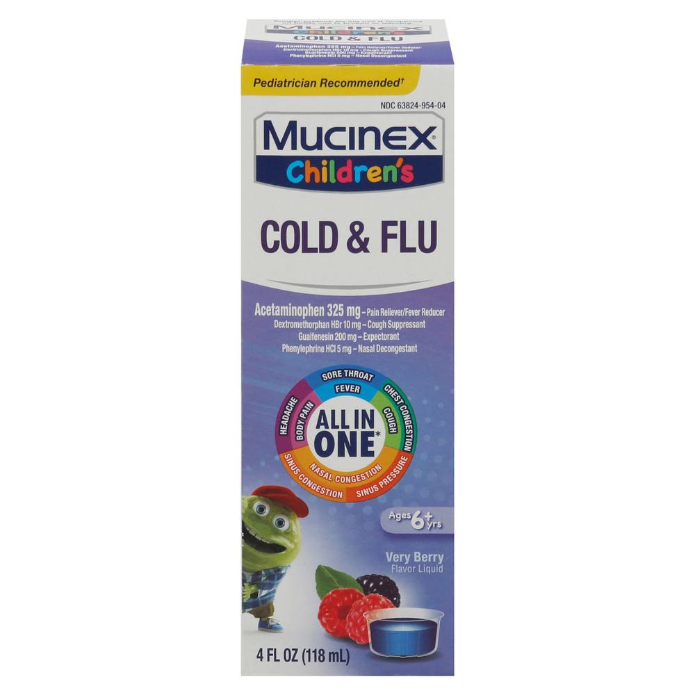 Mucinex Children's All in One Very Berry Flavor Liquid Cold & Flu Ages 6+ Years (4 fl oz)