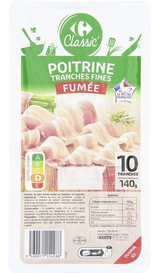 Carrefour Classic' - Poitrine fumée tranches fines (10 pièces)