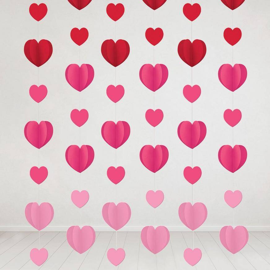 Red Pink Dimensional Heart Paper String Decorations, 7ft, 6pc