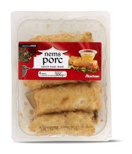 Nems porc sauce nuoc mam (4 nems + 2 sachets de sauce) - auchan - 300g