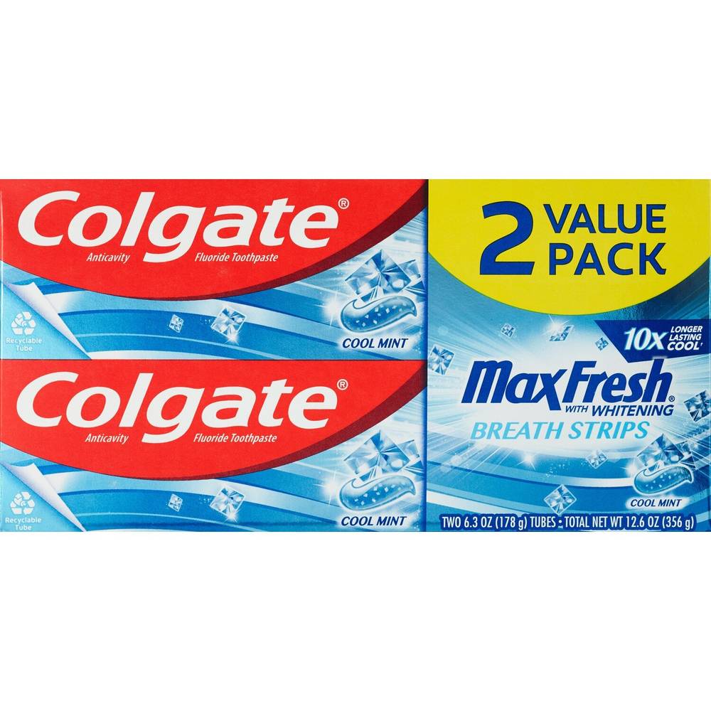 Colgate Max Fresh Whitening Anticavity Fluoride Toothpaste With Breath Strips, Cool Mint, 6.3 Oz, 2 Ct