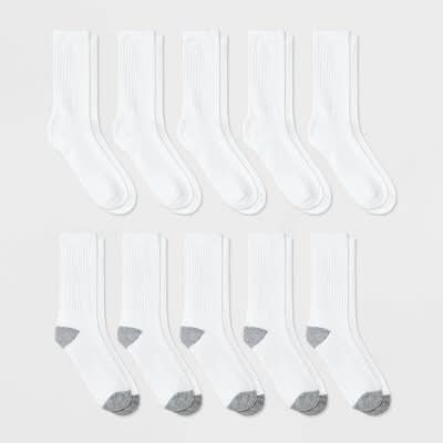 Cat & Jack Boys' Crew Athletic Socks, L, White (10 ct)