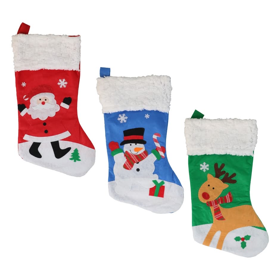 Christmas House Whimsical Character Stockings With Fleece Cuffs, 18 in, Assorted (3 ct)