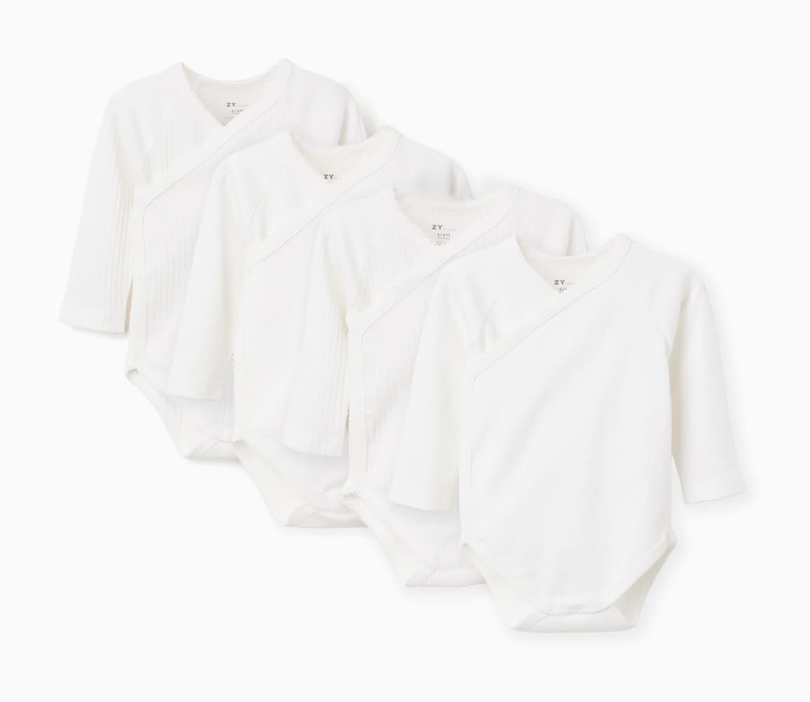 Pack De 4 Bodies Em Trespasse Lisos/Canelados Para Recém-Nascidos, Branco (Branco - 0/0M)