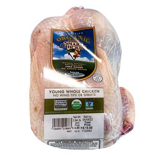 Organic Young Whole Chicken Smart Chicken approx 4 lbs; price per lb