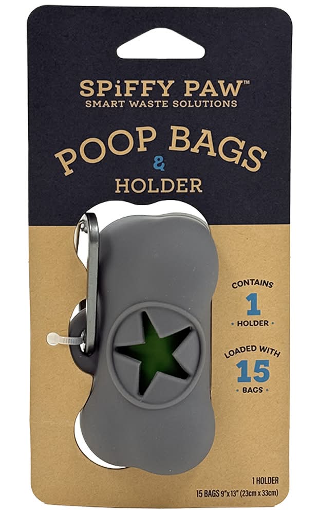 Spiffy Paw Silicone Poop Bag Dispenser w/ Unscented Waste Disposal Bags (15 ct - Single Roll)