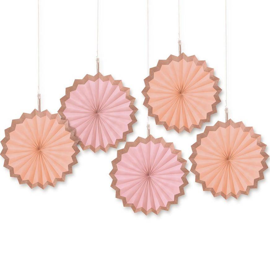 Metallic Border Rose Gold Paper Fan Decorations, 5in, 5ct