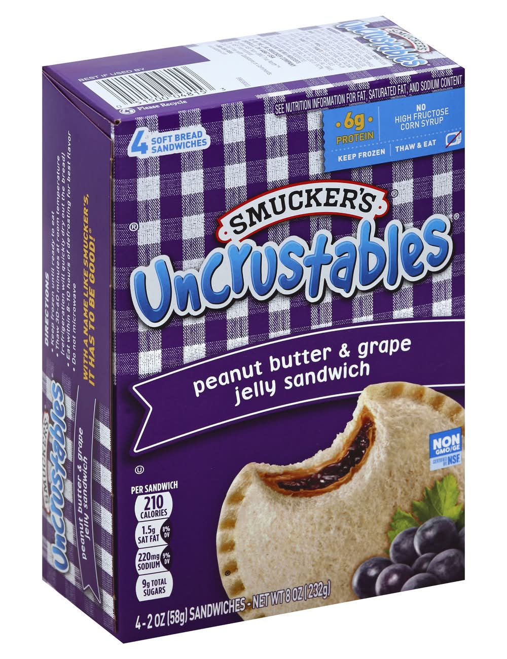 Smucker's Uncrustables Soft Bread Sandwiches, Peanut Butter & Grape Jelly (4 x 2 oz)