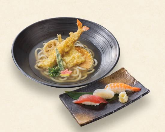 海老天ぷらうどんと寿司三貫セット