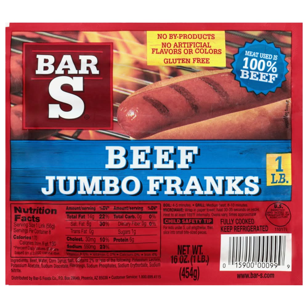 Bar-S Jumbo Premium Beef Franks (16 oz, 8 ct)