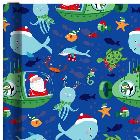Blue Santa Sea Creatures Gift Wrapping Paper, 18ft x 40in (60 sq ft)