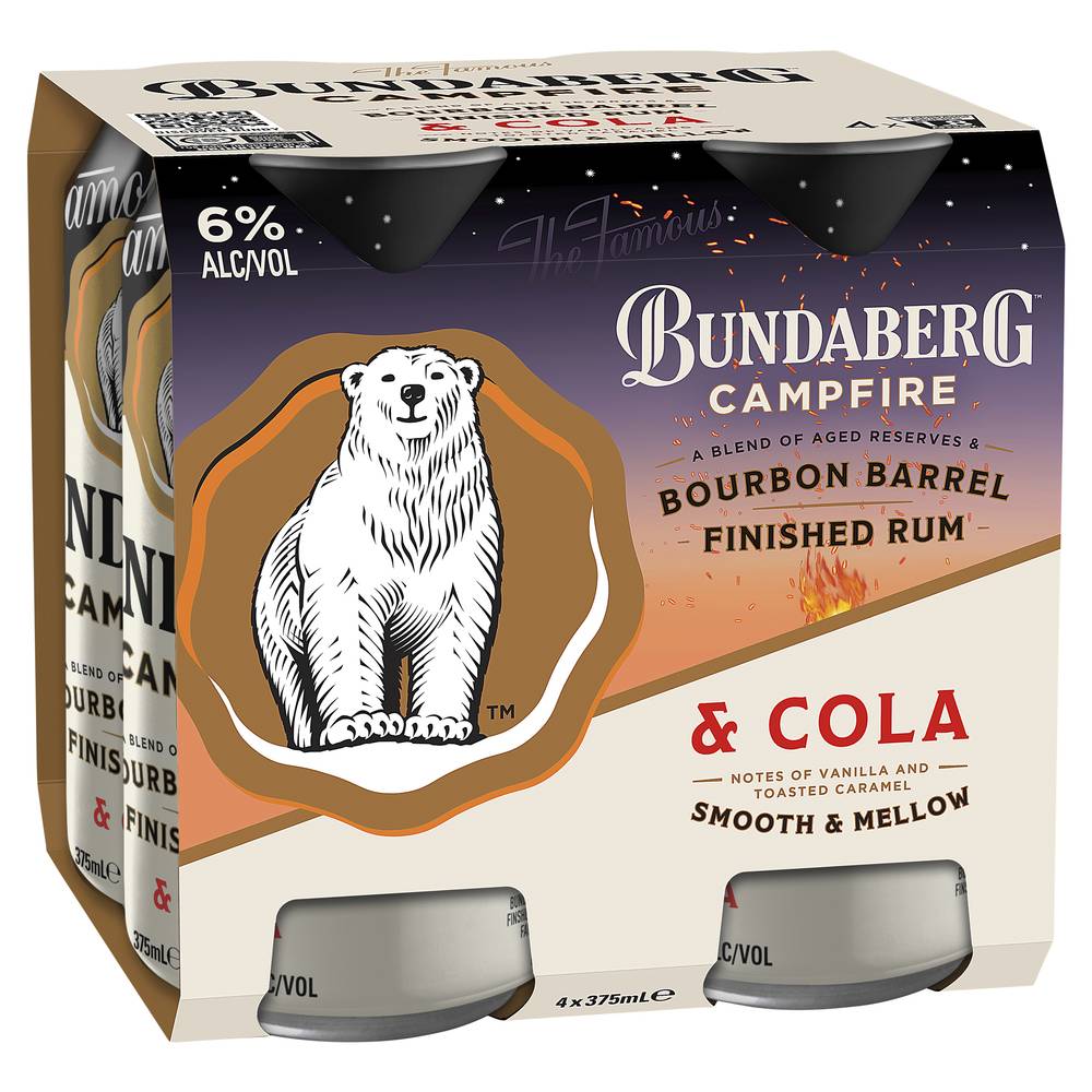 Bundaberg Campfire Bourbon Barrel Rum & Cola Can 375mL X 4 pack