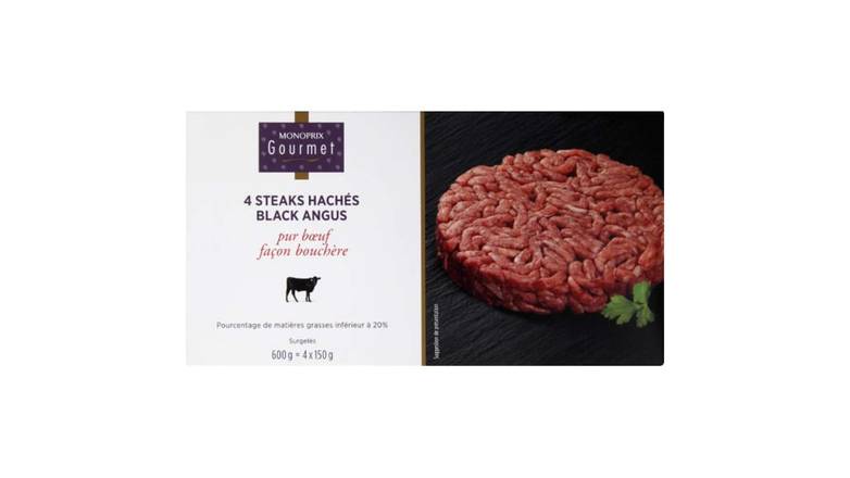 Monoprix Gourmet Steaks hachés Black Angus pur boeuf façon bouchère, surgelés Les 4 steaks de 150g