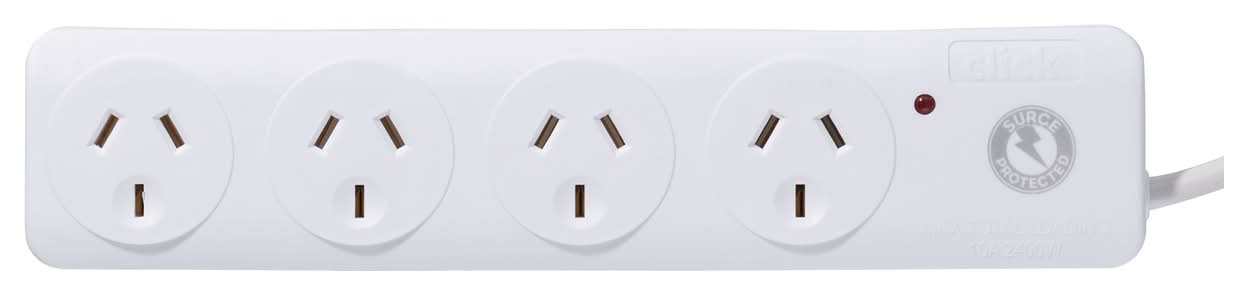 Click White 4 Outlet Surge Protection Powerboard