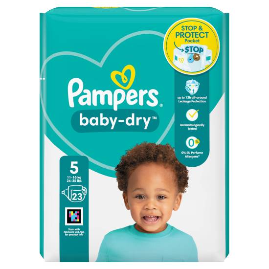 Pampers Baby-Dry Size 5, 23 Nappies, 11kg-16kg, Carry pack