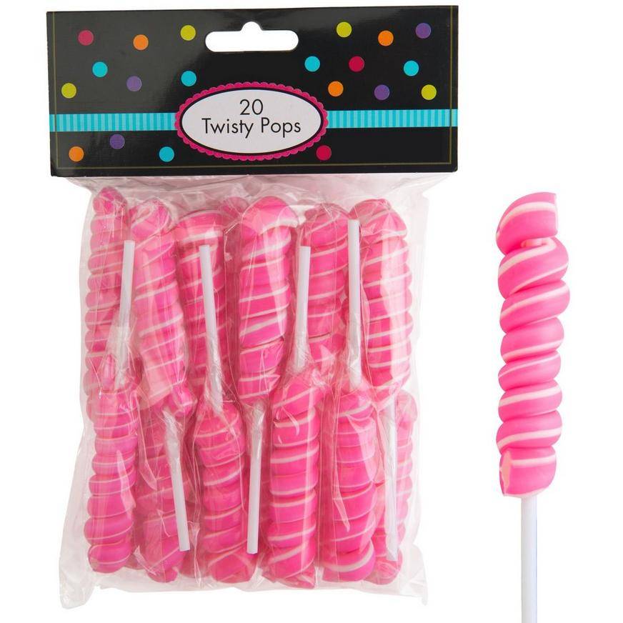 Bright Pink Twisty Lollipops, 20pc - Bubblegum Flavor