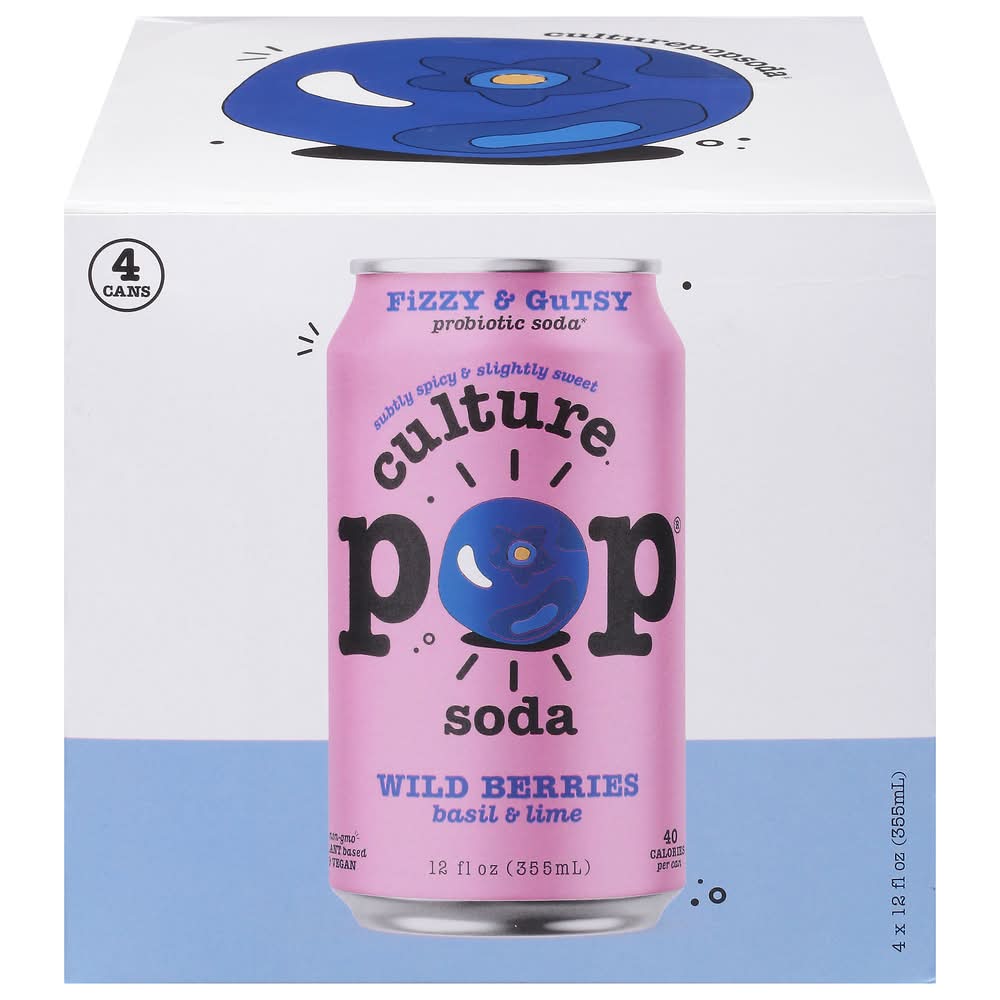 culture pop soda Probiotic Soda, Wild Berries - Basil - Lime (4 x 12 fl oz)