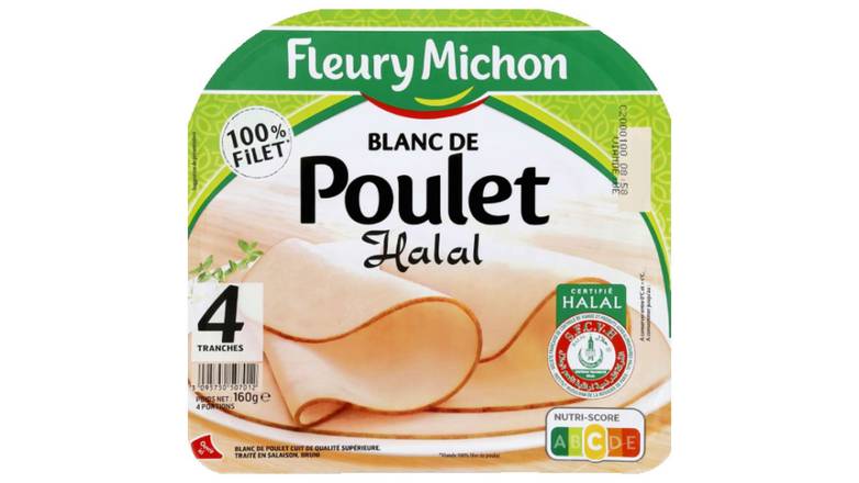 Fleury Michon Blanc De Poulet Halal Tranches Fines Le paquet de 4 tranches, 160g