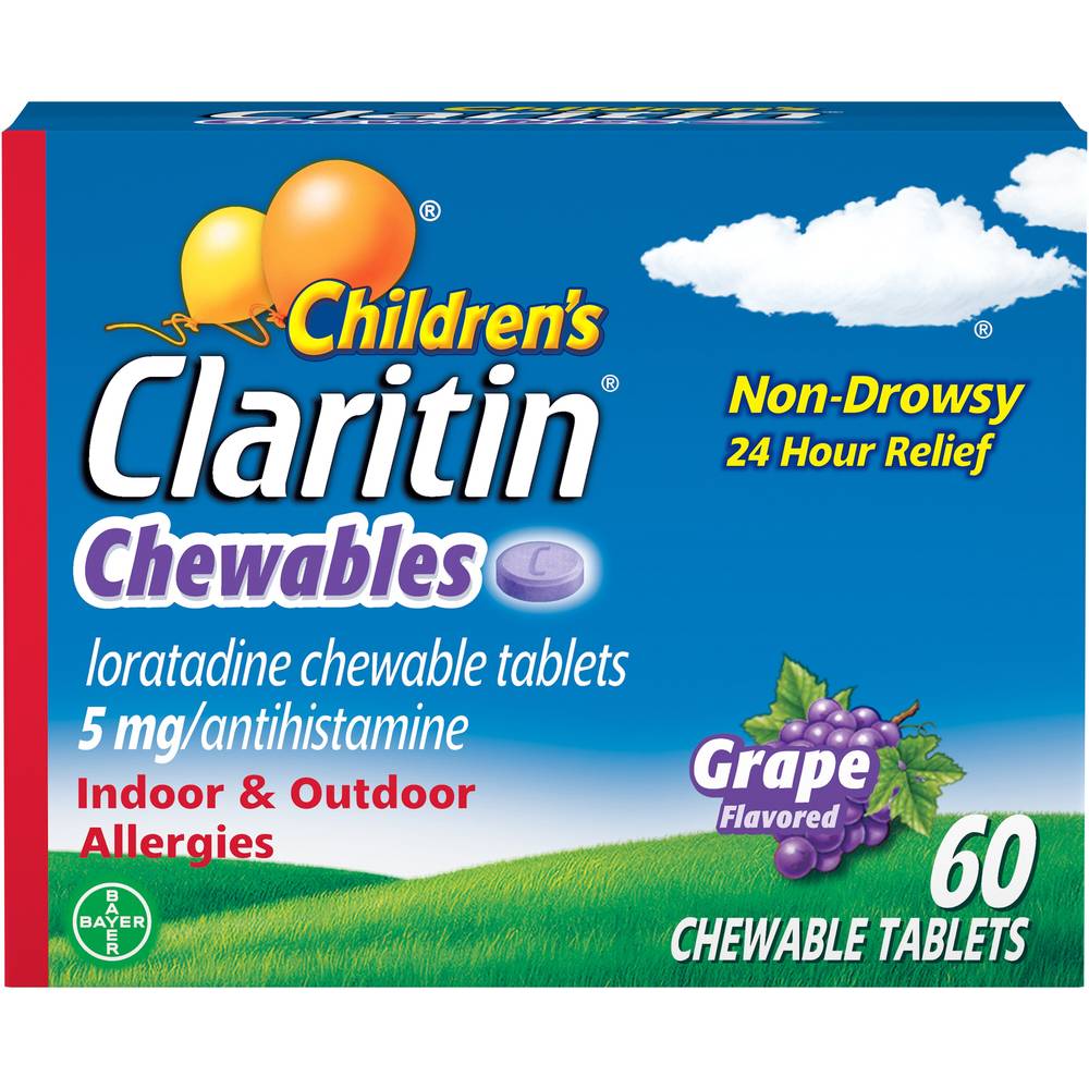 Claritin Children's Non-Drowsy 24HR Allergy Relief Chewable Tablets, Grape, 60 CT