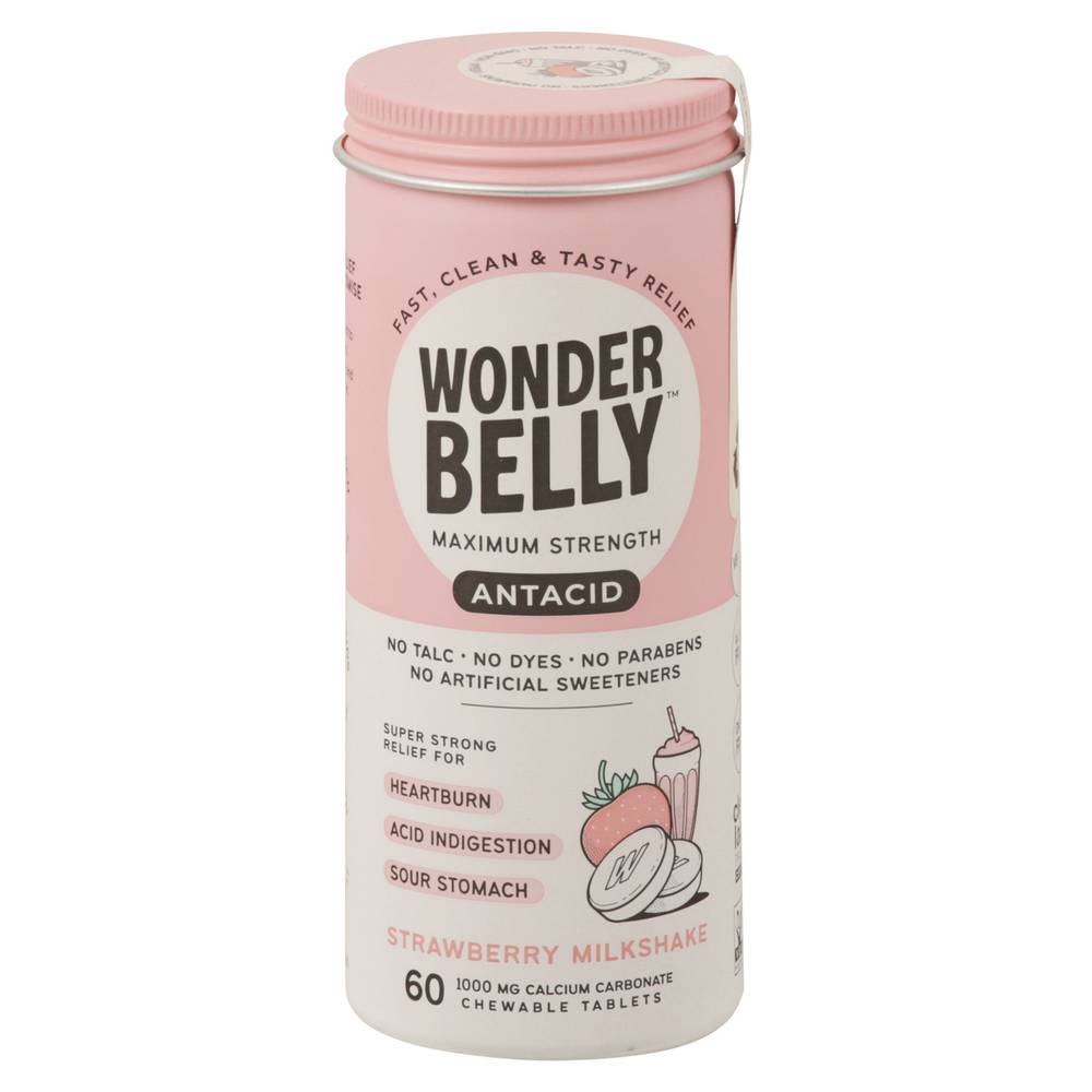 Wonderbelly Antacids Strawberry Milkshake, 60 Count Chewable Tablets