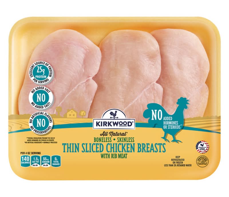Kirkwood Boneless Skinless Thin Sliced Chicken Breasts, per lb