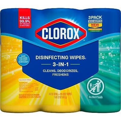 Clorox Value Pack Disinfecting Wipes, Fresh/Crisp Lemon Scent, 35 Wipes/Container, 3/Pack (30112)