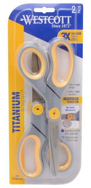 Westcott® Titanium Bonded Scissors, 8", Straight, Soft Handle, Adjustable Guide, Pointed, Gray/Yellow, Pack Of 2