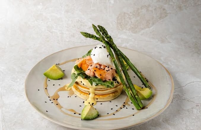 Hot-Smoked Salmon Pancake Stack with Maple Hollandaise