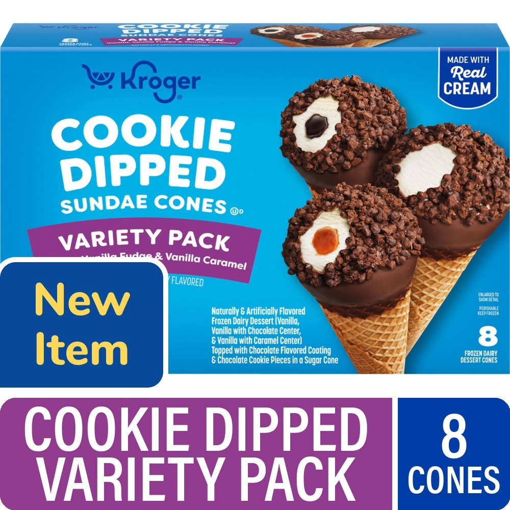 Kroger Variety pack Cookie Dipped Sundae Cones, Vanilla-Chocolate & Caramel (4.6 fl oz, 8 ct)