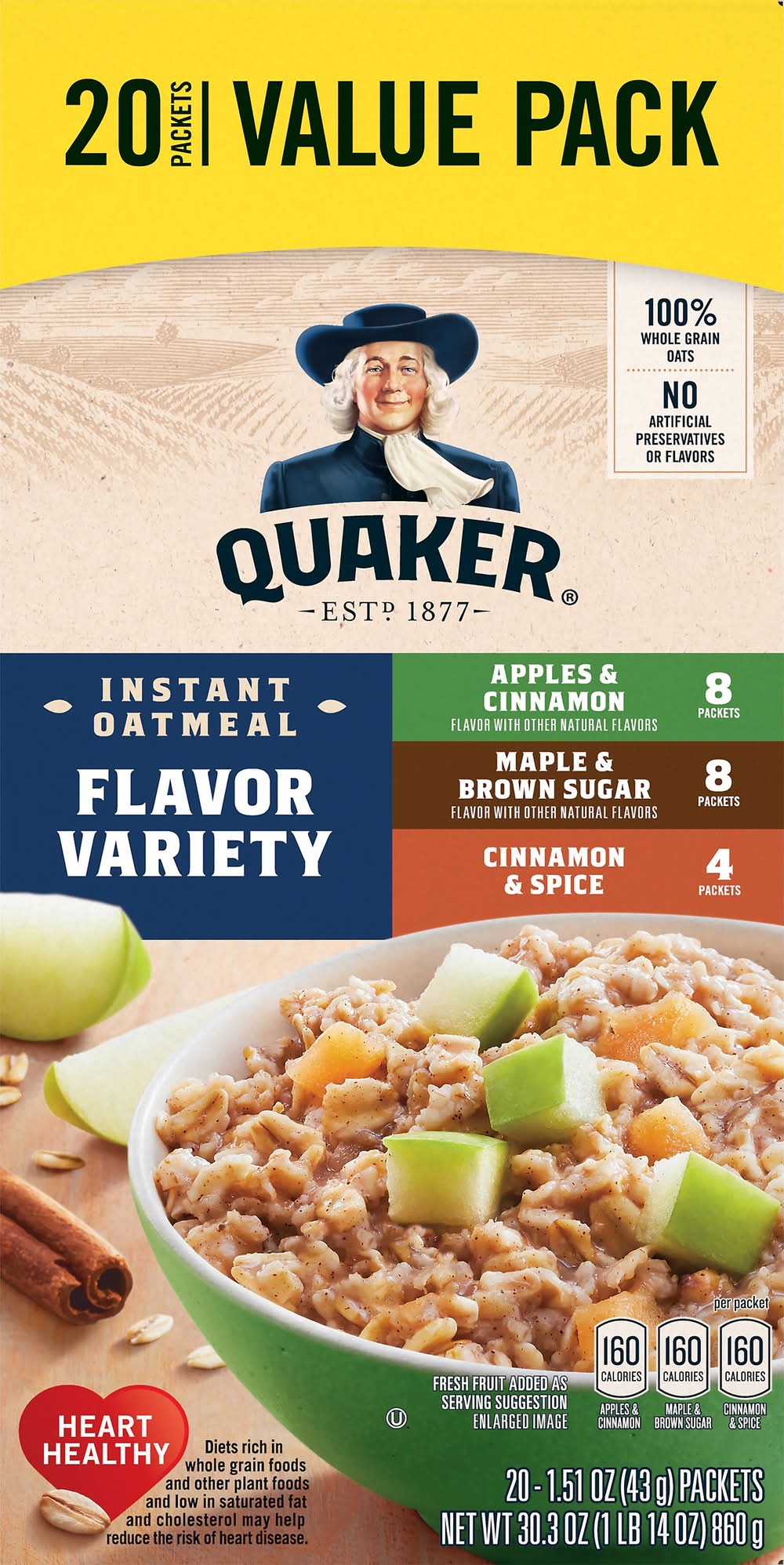 Quaker Instant Oatmeal Value pack, Assorted (1.51 oz, 20 ct)