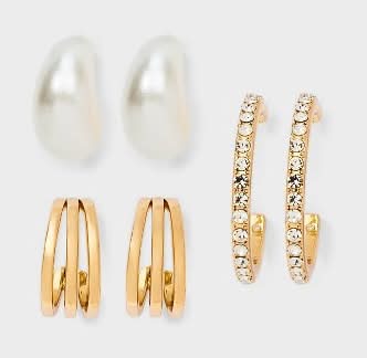 Wild Fable Pearl & Crystal Hoop Earring Set, 1 in, Gold-White (3 ct)