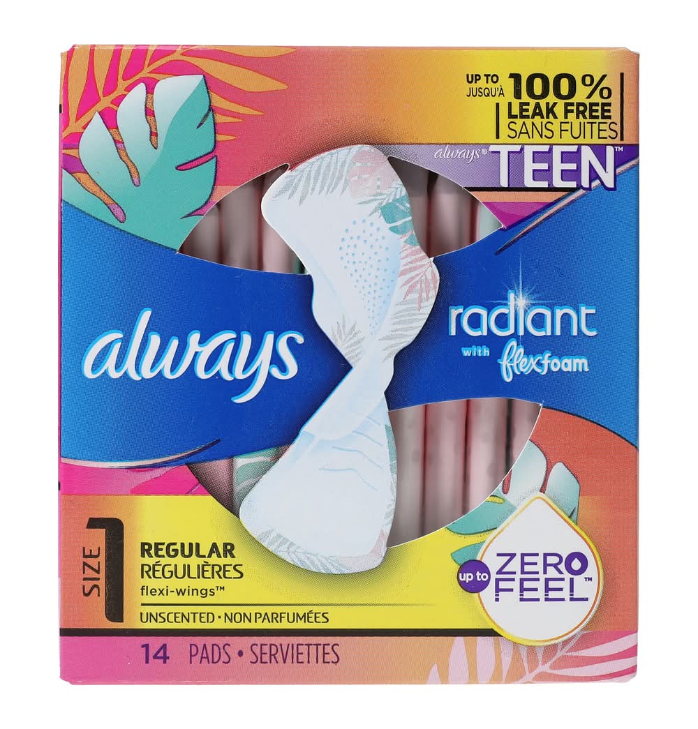 Always® Teen™ Radiant With Flex Foam™ Size 1 Regular Pads 14-Count