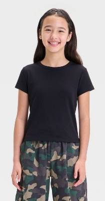 Girls' Short Sleeve T-Shirt - art class™ Black M: Cotton Blend, Recycled Polyester, Spandex, Pullover, Machine Washable