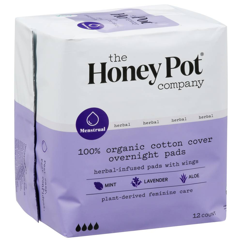 The Honey Pot Herbal-Infused Overnight Organic Pads With Wings (12 ct) (mint & lavender & aloe)