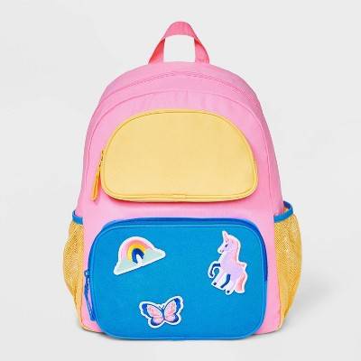 Cat & Jack Kids' 16" Removable Patches Two Pocket Backpack, Blue - Yellow - Pink