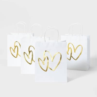 Spritz Gold Hearts Small Wedding Gift Bags, White (4 pack)