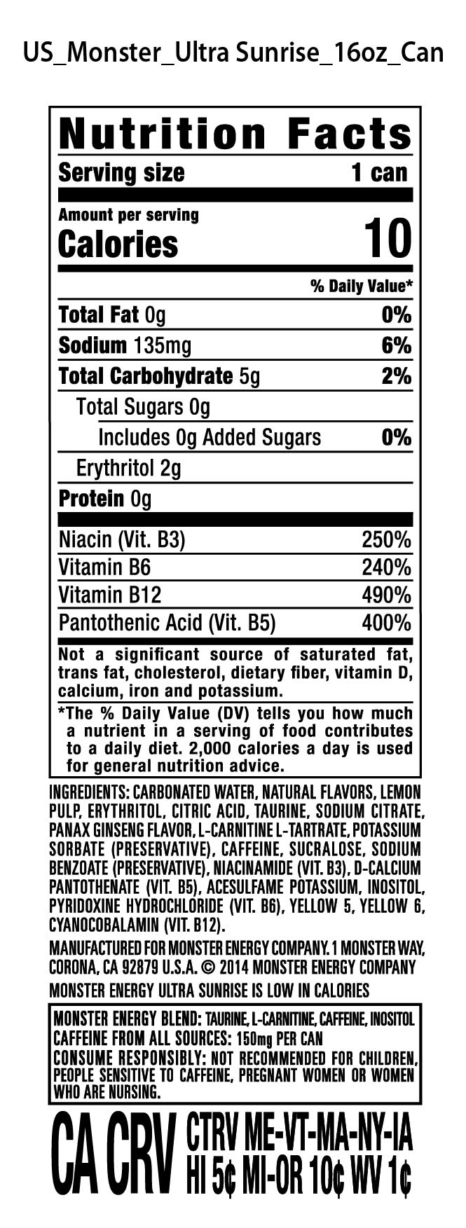 Monster Energy Zero Sugar Energy Drink, Ultra Sunrise (16 fl oz)