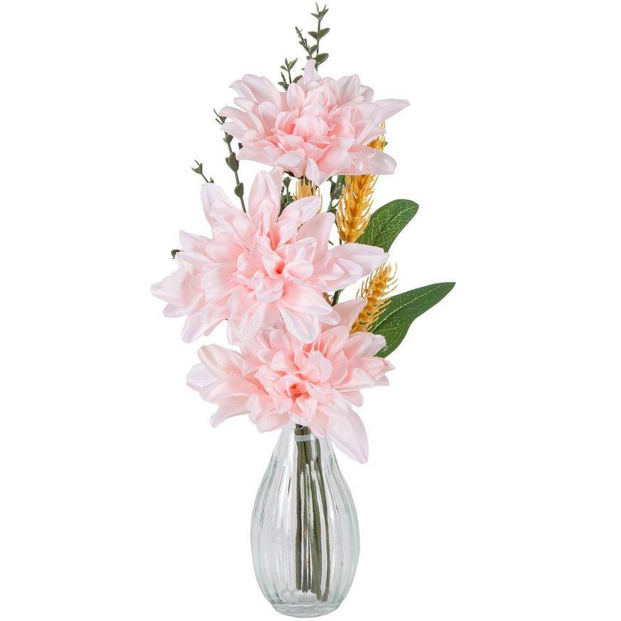 Pink Flowers Greenery in Clear Glass Vase, 14in