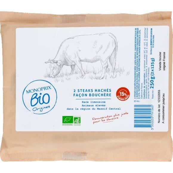 Monoprix Bio Origines Steak Haché De Boeuf Race Limousine Façon Bouchère 15% Mat. Gr. Bio L'Hebdopack De 2 = 250 G