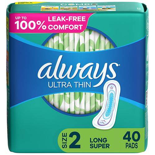 Always Ultra Thin Pads, Long Super, Without Wings Unscented, Size 2 - 40.0 ea