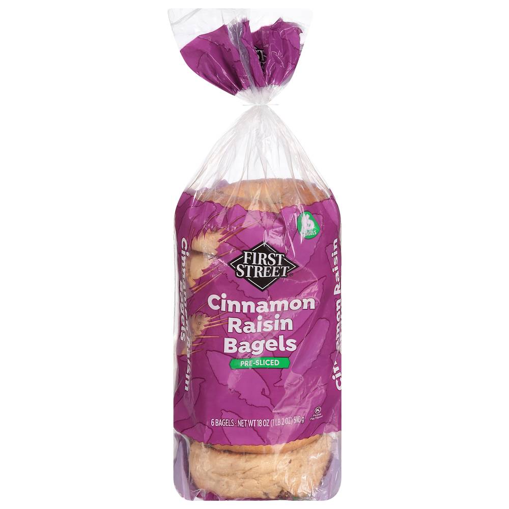 First Street Pre Sliced Bagels, Cinnamon Raisin (3 oz, 6 ct)