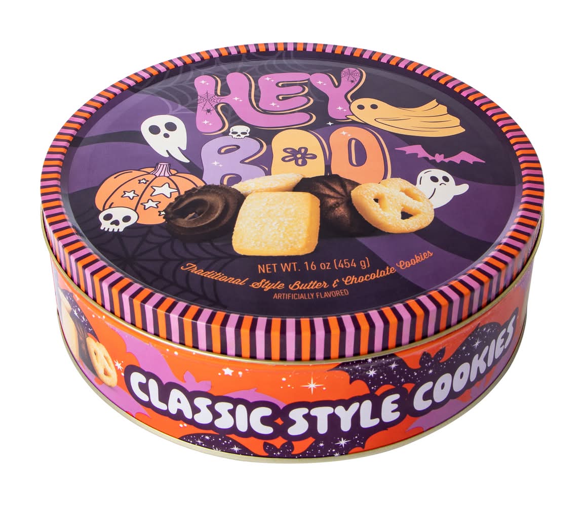 Halloween Hey Boo Traditional Style Butter & Chocolate Cookies Tin 16oz Butter and Chocolate