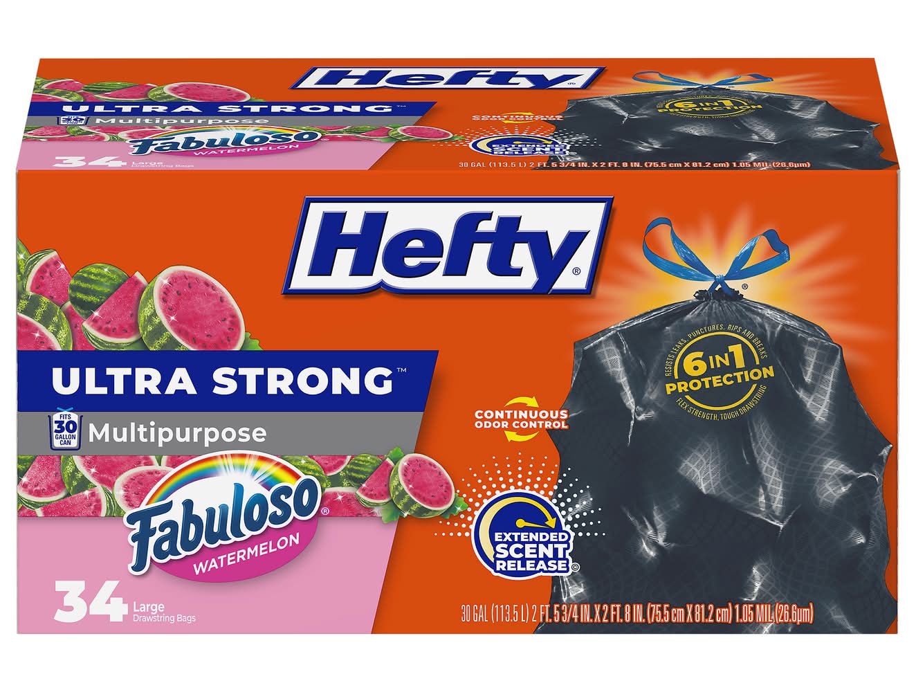 Hefty Ultra Strong Multipurpose Trash Bags 30 Gallon Capacity, Fabuloso Watermelon, 75.5x81.2 cm, Black (34 ct)