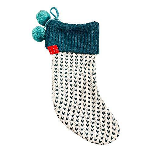 20" Chunky Knit Christmas Holiday Stocking with Pom Poms White/Blue - Wondershop™