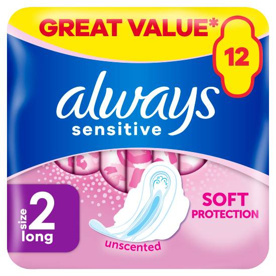 Always size 2, Sensitive Long Ultra Sanitary Towels Wings Pads (12 pack)