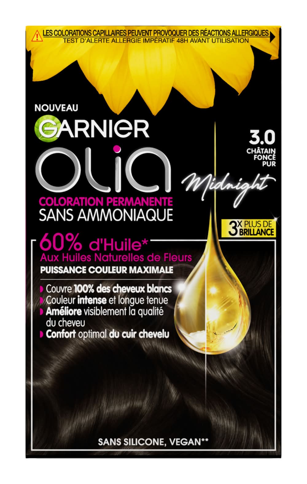 Garnier - Olia midnight coloration permanente sans ammoniaque, 3.0 châtain foncé pur (230g)