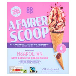 Co-op a Fairer Scoop Fairtrade Neapolitan Soft Serve Ice Cream Cones 4 x 14ml (560ml)