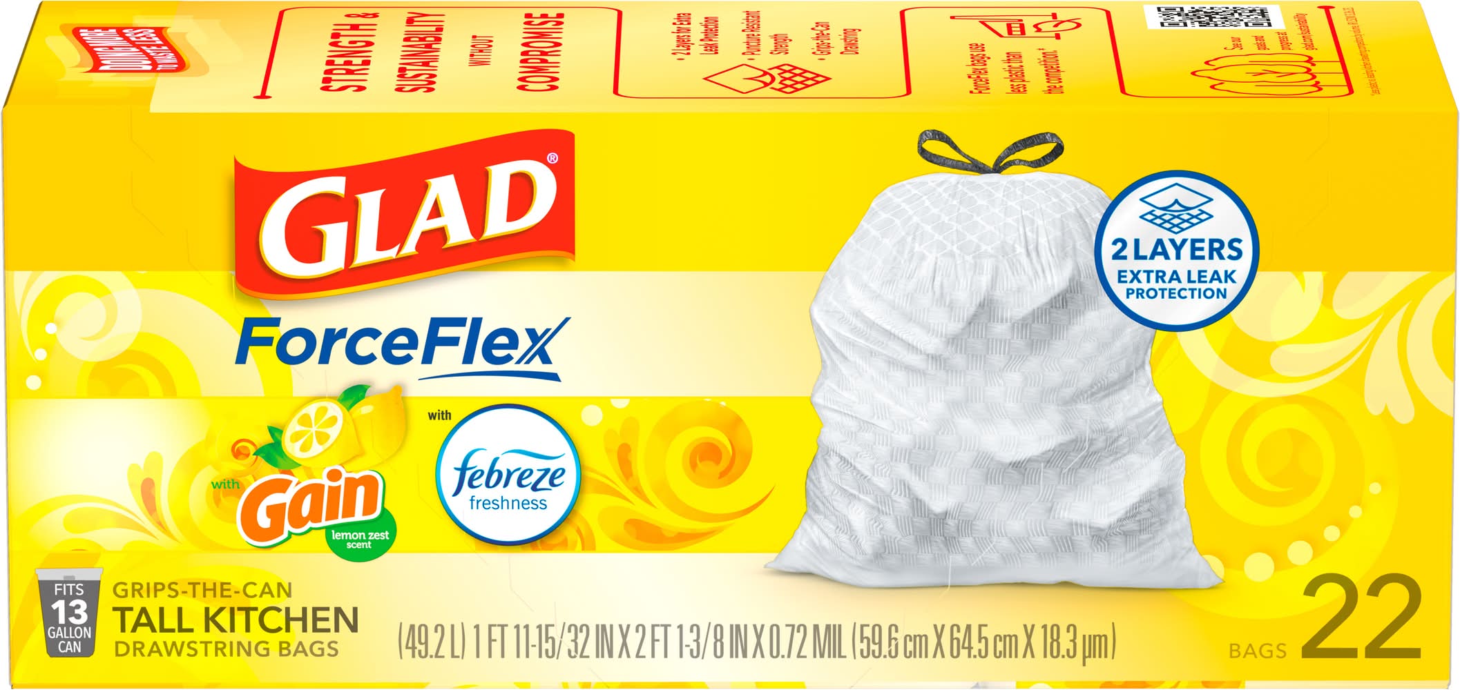 Glad Forceflex Gain Lemon Zest With Febreze Freshness Tall Kitchen Drawstring Trash Bags, 59.6cm * 64.5 cm *18.3 pm, White (22 ct)