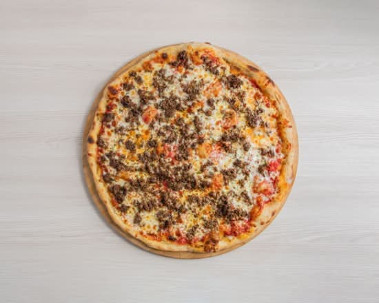 16 inch halal cheeseburger pizza topped with seasoned halal ground beef and blend of cheeses