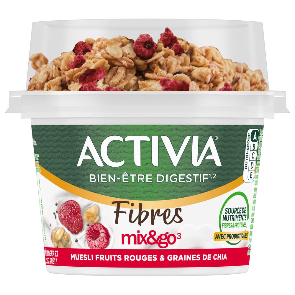 Activia - Yaourt aromatisé aux probiotiques, muesli framboise graines de chia (170g)
